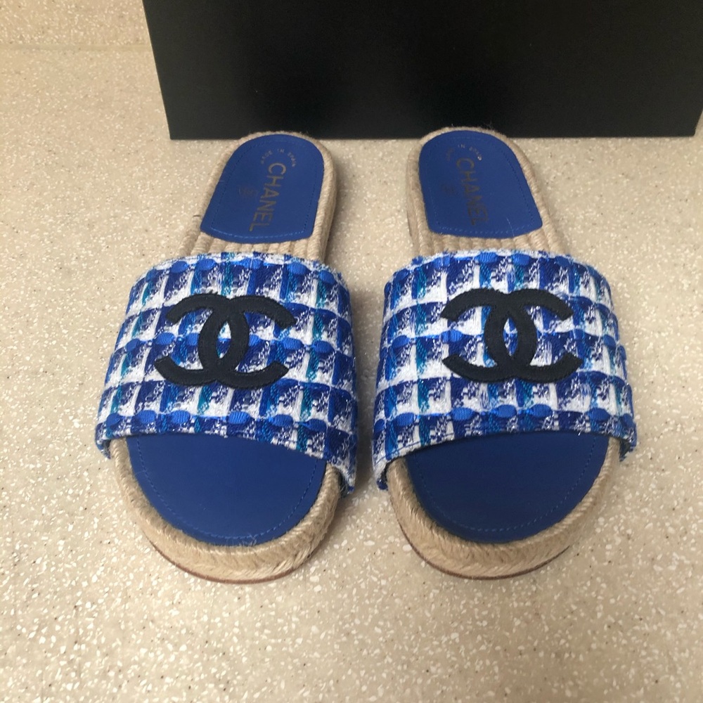 CHANEL Tweed Grosgrain CC Mule Blue Multi 37 / 7 - Picture 5 of 8